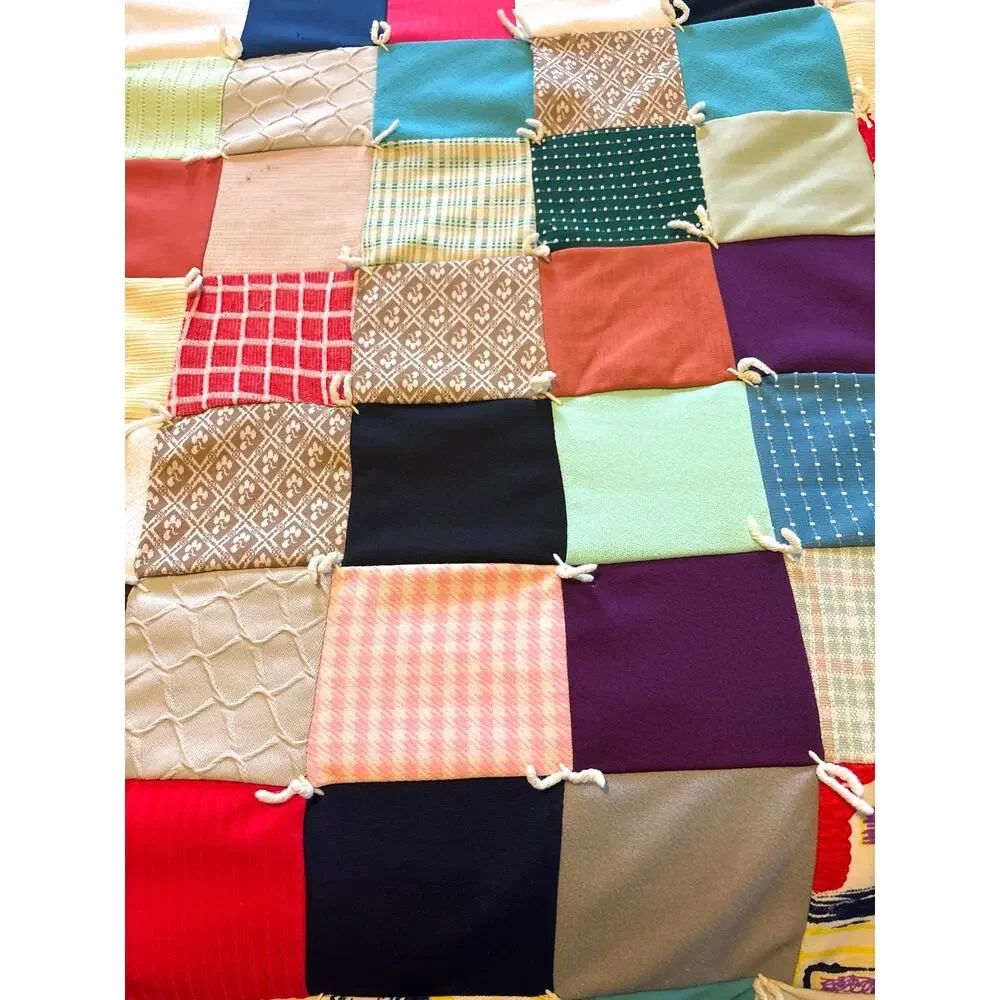 Vintage 1970s Handmade Patchwork Quilt reversible Polyester Boho Decor 80 x 70